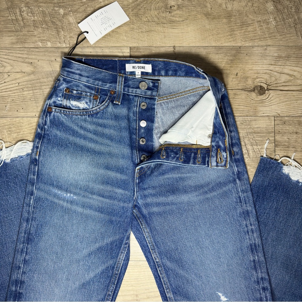 $265 NWT RE/DONE 70s Stove Pipe High Rise Button Fly Knee Rip Jeans Size 25 - Picture 3 of 15